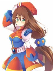 Rule 34 | 1girl, android, belt, beret, blush, breasts, brown hair, capcom, dress, gloves, green eyes, hair between eyes, hand on headwear, hand on own head, hat, iris (mega man), long hair, looking at viewer, looking to the side, low-tied long hair, mega man (series), mega man x4, mega man x (series), red hat, rento (rukeai), simple background, solo, white background, white gloves