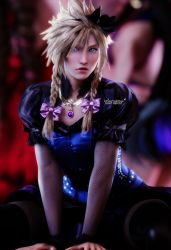 Rule 34 | 1boy, 3d, absurdres, black bow, blonde hair, blue dress, blue eyes, blush, bow, braid, cloud strife, crossdressing, dress, final fantasy, final fantasy vii, final fantasy vii remake, fishnet armwear, fishnet legwear, fishnets, hair between eyes, highres, jewelry, long hair, male focus, necklace, official alternate costume, parted lips, pink bow, sitting, solarasona, solo, spiked hair, square enix, twin braids, wall market