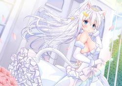 Rule 34 | 1girl, animal ears, bare shoulders, blue eyes, blush, bow, breasts, cat ears, day, dress, elbow gloves, flower, frills, gloves, hair between eyes, hair ornament, hand up, headpiece, highres, kurashina yuzuki, large breasts, leaf, long hair, looking at viewer, original, outdoors, solo, tail, wedding dress, white gloves, white hair, white tail, white theme