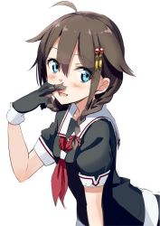 Rule 34 | 10s, 1girl, ahoge, alternate hairstyle, black gloves, blue eyes, blush, braid, brown hair, eyebrows, gloves, gotyou, hair between eyes, hair flaps, hair ornament, hair ribbon, holding, holding own hair, kantai collection, leaning forward, low twintails, neckerchief, open mouth, red neckerchief, red ribbon, ribbon, school uniform, serafuku, shigure (kancolle), shigure kai ni (kancolle), simple background, smelling hair, smile, solo, teeth, twintails, upper body, white background