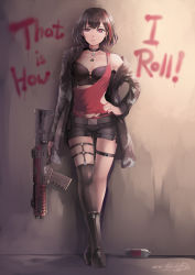 Rule 34 | 1girl, against wall, artist name, asymmetrical clothes, bang dream!, belt, black choker, black footwear, black shorts, black thighhighs, boots, breasts, brown hair, choker, cleavage, closed mouth, coat, collarbone, crossed legs, english text, full body, graffiti, gun, hand on own hip, highres, hiroki ree, holding, holding gun, holding weapon, jewelry, knee boots, light, long sleeves, looking at viewer, medium breasts, midriff, mitake ran, multicolored hair, necklace, o-ring, off shoulder, open clothes, open coat, pendant, red hair, short hair, short shorts, shorts, shotgun, signature, single bare shoulder, single strap, single thighhigh, smile, solo, song name, streaked hair, submachine gun, thigh strap, thighhighs, torn clothes, trigger discipline, watson cross, weapon