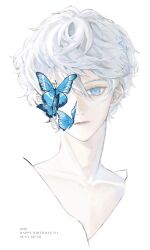 Rule 34 | 1boy, absurdres, animal, blue butterfly, blue eyes, bug, butterfly, butterfly over eye, character name, closed mouth, collarbone, dated, english text, ensemble stars!, expressionless, eyelashes, happy birthday, highres, insect, male focus, one eye covered, portrait, sena izumi (ensemble stars!), short hair, simple background, solo, v-neck, white background, willowofzion