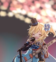 Rule 34 | 1girl, asymmetrical gloves, crying, girls&#039; frontline, gloves, guitar, hat, highres, idol clothes, instrument, matsuo (matuonoie), microphone, music, nagant revolver (astral bond) (girls&#039; frontline), nagant revolver (girls&#039; frontline), official alternate costume, singing, solo, stage, top hat, uneven gloves