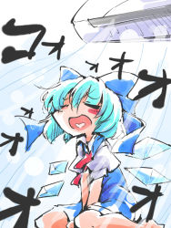 Rule 34 | 1girl, air conditioner, blue hair, bow, cirno, dress, closed eyes, hair bow, heart, heart in mouth, ice, ice wings, open mouth, ribbon, seiza, shinapuu, short hair, sitting, sketch, smile, solo, touhou, wings