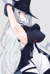Rule 34 | 1girl, areola slip, arknights, arm behind head, armpits, black gloves, black hat, breasts, cameltoe, chunta, clothes pull, commentary, covered erect nipples, covered navel, cropped legs, gladiia (arknights), gloves, grey background, grey hair, hair between eyes, hat, highres, large breasts, long hair, looking at viewer, parted lips, red eyes, simple background, solo, upper body