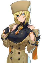 Rule 34 | 1girl, ashiomi masato, bare shoulders, black gloves, black shirt, blonde hair, blouse, blue eyes, brown coat, coat, collared shirt, covered navel, eyes visible through hair, fingerless gloves, fur hat, gloves, groin, guilty gear, guilty gear strive, halterneck, hat, millia rage, open clothes, open coat, shirt, simple background, sleeveless, sleeveless shirt, solo, taut clothes, taut shirt, ushanka, white background, wide hips