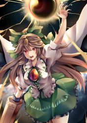 Rule 34 | absurdres, arm cannon, arm up, bird wings, black wings, blouse, bow, brown hair, buttons, cape, collared shirt, control rod, cowboy shot, eclipse, frilled skirt, frills, green bow, green skirt, hair bow, highres, koizumo, long hair, looking at viewer, open mouth, puffy short sleeves, puffy sleeves, red eyes, reiuji utsuho, serious, shirt, short sleeves, skirt, solar eclipse, starry sky print, sun, touhou, weapon, white cape, white shirt, wings