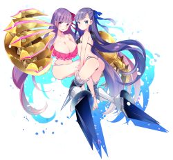 Rule 34 | 10s, 2girls, absurdly long hair, armor, armored boots, ass, barefoot, bikini, black bikini, blue eyes, blue hair, blue ribbon, blunt bangs, blush, boots, breasts, claws, cleavage, fate/extra, fate/extra ccc, fate (series), hair ribbon, highres, huge breasts, kanro ame (ameko), kneeling, long hair, looking at viewer, looking back, meltryllis (fate), multiple girls, o-ring, o-ring bikini, o-ring bottom, passionlip (fate), pink ribbon, purple eyes, purple hair, ribbon, simple background, sitting, small breasts, smile, swimsuit, thong bikini, very long hair, white background