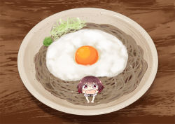 Rule 34 | 1girl, :d, blush, brown hair, commentary request, egg (food), food, gradient hair, green sailor collar, hair between eyes, hinata yuu, in food, kantai collection, looking at viewer, mini person, minigirl, multicolored hair, mutsuki (kancolle), noodles, open mouth, plate, red hair, sailor collar, school uniform, serafuku, shadow, short hair, smile, soba, spring onion, sunny side up egg, tagme, teeth, upper teeth only