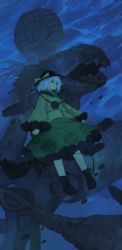 Rule 34 | 1girl, black footwear, black hat, blouse, boots, bow, closed mouth, creature request, dark, eyeball, flat chest, floral print, frilled shirt collar, frills, full body, green eyes, green skirt, hat, hat bow, highres, komeiji koishi, long sleeves, looking ahead, sea monster, shirt, short hair, silver hair, skirt, smile, solo, third eye, touhou, trilobite, underwater, wide sleeves, xii yashizhongzhan, yellow bow, yellow shirt
