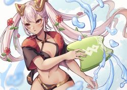 1girl bikini breasts dark-skinned_female dark_skin fire_emblem fire_emblem_heroes flower hair_flower hair_ornament highres holding holding_surfboard laevatein_(fire_emblem) laevatein_(summer)_(fire_emblem) long_hair navel nintendo open_mouth pink_hair red_eyes reia_hana small_breasts solo surfboard swimsuit twintails twitter_username very_long_hair water