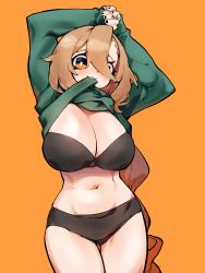 Rule 34 | 1girl, :3, absurdres, arms up, big hair, black bra, black panties, blonde hair, bra, braid, breasts, cleavage, clothes in mouth, clothes lift, cowboy shot, green sweater, hair between eyes, hair over one eye, highres, huge breasts, k.tomato, lifting own clothes, long sleeves, mouth hold, navel, orange background, orange eyes, original, panties, shirt in mouth, shirt lift, simple background, single braid, solo, sweater, teeth, thighs, underwear, upper teeth only