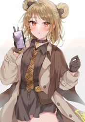 Rule 34 | 1girl, black gloves, brown coat, brown necktie, coat, collar, collared shirt, commission, double bun, earrings, girls&#039; frontline, gloves, hair bun, highres, holding, holding phone, jewelry, light brown hair, long sleeves, looking at viewer, maruro, necktie, open mouth, p90 (girls&#039; frontline), p90 (the girl from b.e.l) (girls&#039; frontline), phone, red eyes, shirt, short hair, single earring, skeb commission, solo, standing, white background