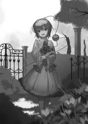 Rule 34 | 1girl, bouquet, bow, bowtie, bush, flower, gate, glint, greyscale, hairband, happy, heart, highres, jewelry, komeiji satori, looking at viewer, monochrome, outdoors, pillar, plant, recare, ring, shirt, short hair, skirt, smile, solo, standing, tears, third eye, touhou, tree, wedding band, wide sleeves