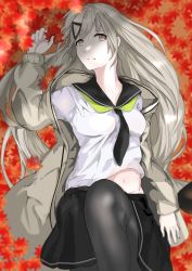 Rule 34 | 1girl, absurdres, autumn leaves, black pantyhose, black skirt, bow, breasts, floral background, frown, girls&#039; frontline, grey eyes, grey hair, grey jacket, hair bow, highres, hsubo, jacket, knee up, long hair, looking at viewer, medium breasts, mg4 (girls&#039; frontline), mg4 (survival club) (girls&#039; frontline), necktie, official alternate costume, pantyhose, petals, shirt, skirt, solo, thighhighs, thighs, white shirt