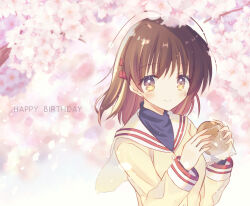 Rule 34 | 1girl, aiyan, anpan, antenna hair, blurry, blurry background, blush, brown eyes, brown hair, cherry blossoms, clannad, closed mouth, commentary request, day, eyelashes, eyes visible through hair, falling petals, food, furukawa nagisa, hair between eyes, hair ornament, hairclip, hands up, happy birthday, holding, holding food, jacket, long sleeves, looking at viewer, medium hair, outdoors, petals, sailor collar, school uniform, smile, solo, upper body, white sailor collar, yellow jacket