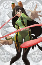 Rule 34 | 1girl, :&gt;, asui tsuyu, belt, black eyes, black hair, bodysuit, boku no hero academia, boots, bow-shaped hair, closed mouth, dark green hair, frog girl, from below, gloves, gluteal fold, goggles, goggles on head, green bodysuit, hair between eyes, hair rings, highres, long hair, long tongue, looking at viewer, low-tied long hair, nikusenpai, standing, superhero costume, thigh boots, thighhighs, tongue, very long hair, very long tongue, white background