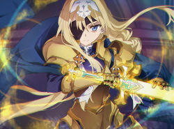 Rule 34 | 1girl, alice zuberg, armor, armored dress, blonde hair, blue eyes, braid, breastplate, commentary request, eyepatch, gauntlets, glowing, gold armor, hairband, holding, holding sword, holding weapon, long hair, looking at viewer, shoulder armor, solo, sword, sword art online, tsuezu, very long hair, weapon, white hairband