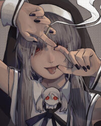 Rule 34 | 1girl, absurdres, aegyo sal, aimaina, alternate costume, alternate eye color, alternate hair color, arm up, between fingers, black nails, capelet, cigarette, commentary request, creature, grey background, grey hair, habit, hair over shoulder, halftone, hand up, hatsune miku, highres, holding, holding cigarette, index fingers together, kamippoina (vocaloid), long hair, looking at viewer, mikasamu, one eye covered, piercing, portrait, red eyes, ringed eyes, sleeveless, smile, smoke trail, tongue, tongue out, tongue piercing, twintails, vocaloid, white capelet, wrist cuffs