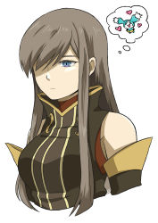 Rule 34 | 1girl, absurdres, bare shoulders, blue eyes, breasts, brown hair, closed mouth, detached sleeves, expressionless, hair over one eye, highres, long hair, mieu (tales), simple background, solo, tales of (series), tales of the abyss, tear grants, touyama sairi, white background
