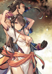 Rule 34 | 1boy, 1girl, blush, breasts, brown hair, character request, china dress, chinese clothes, cleavage, cleavage cutout, clothing cutout, cowboy shot, double bun, dress, falling leaves, groin, hair bun, highres, kenja no mago, kikuchi seiji, leaf, long hair, looking at viewer, medium breasts, novel illustration, official art, orange eyes, parted lips, photoshop (medium), short sleeves, side slit, sidelocks, textless version, white dress