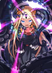 Rule 34 | 1girl, abigail williams (fate), black bow, black dress, black hat, blonde hair, blue eyes, bow, bug, butterfly, commentary request, dress, fate/grand order, fate (series), glowing, glowing eyes, hair bow, hat, hugging object, insect, long hair, long sleeves, looking at viewer, open mouth, orange bow, parted bangs, polka dot, polka dot bow, sleeves past fingers, sleeves past wrists, solo, star (sky), stuffed animal, stuffed toy, suction cups, teddy bear, tentacles, tilted headwear, tsurime, ugume, very long hair