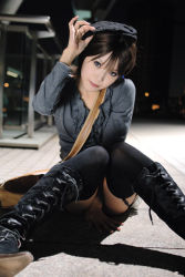 Rule 34 | 1girl, asian, bag, black thighhighs, blue eyes, boots, breasts, brown hair, color contacts, covering privates, covering crotch, cross-laced footwear, garter straps, hat, indoors, kipi-san, knees together feet apart, lace-up boots, looking at viewer, on floor, petite, photo (medium), sidewalk, sitting, small breasts, solo, thighhighs