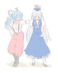 Rule 34 | 2girls, abekawa, blush, boots, bow, cosplay, costume switch, dress, embarrassed, female focus, friends, fujiwara no mokou, fujiwara no mokou (cosplay), hair bow, hand on own hip, hand on shoulder, hat, hip focus, kamishirasawa keine, kamishirasawa keine (cosplay), long hair, multiple girls, silver hair, suspenders, touhou