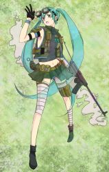 Rule 34 | 1girl, 6274, aqua hair, bad id, bad pixiv id, ballpen, bandages, blue eyes, explosive, gloves, goggles, grenade, gun, hatsune miku, highres, juugonichi (wheeliex2), long hair, midriff, navel, open mouth, panties, pantyshot, skirt, solo, striped clothes, striped panties, twintails, underwear, very long hair, vest, vocaloid, weapon
