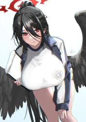Rule 34 | 1girl, bent over, black hair, black wings, blue archive, blush, breasts, feathered wings, gym uniform, hair between eyes, halo, hasumi (blue archive), hasumi (track) (blue archive), highres, huge breasts, jacket, large wings, long hair, looking at viewer, mole, mole under eye, official alternate costume, oregano (olgn eao), partially unzipped, ponytail, red eyes, shirt, shorts, signature, solo, track jacket, white shirt, wings