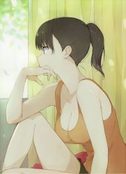 Rule 34 | 1girl, black eyes, black hair, black shorts, breasts, cleavage, collarbone, commentary request, curtains, day, from behind, hand on own face, indoors, kawai makoto, knee up, large breasts, original, ponytail, profile, short hair, short shorts, shorts, sitting, solo, sunlight, tank top, window