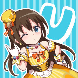Rule 34 | 1girl, ;), aqua eyes, arm garter, artist name, artist request, back bow, bag, bare shoulders, blue background, blue eyes, blush, bow, bowtie, bracelet, breasts, brown corset, brown hair, cheer for you!!, cheer for you!! (love live!), collarbone, corset, dream land! dream world!, dream land! dream world! (love live!), dress, earrings, female focus, frilled dress, frilled skirt, frills, fur collar, fur trim, gem, gloves, hair between eyes, half updo, hand on own hip, handbag, hat, hat bow, high ponytail, jewelry, long hair, looking at viewer, love live!, love live! nijigasaki high school idol club, love live! school idol festival, m/, mini hat, mini top hat, miniskirt, necklace, one eye closed, orange bow, orange dress, orange skirt, osaka shizuku, parted lips, pearl (gemstone), pearl bracelet, pearl necklace, plaid, plaid dress, plaid skirt, pleated, pleated dress, pleated skirt, ponytail, puffy short sleeves, puffy sleeves, red bow, short sleeves, skirt, small breasts, smile, solo, striped background, striped clothes, striped dress, top hat, vertical-striped clothes, vertical-striped dress, white gloves, white skirt, wink, yellow dress, yellow hat, yellow skirt