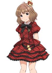 Rule 34 | 1girl, ahoge, black bow, black bowtie, blue eyes, blush, bow, bowtie, brown hair, buttons, checkered clothes, checkered dress, commentary request, cowboy shot, crown, dot nose, dress, highres, idolmaster, idolmaster million live!, layered skirt, looking at viewer, mini crown, prologue rouge (idolmaster), puffy short sleeves, puffy sleeves, red dress, short hair, short sleeves, skirt, smile, solo, star ornament, suou momoko, wavy hair, white background, wing collar, yukiho kotori