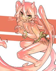 Rule 34 | 1girl, :d, akira (meltyhip), bracelet, claw pose, colored sclera, colored skin, hair between eyes, horns, jewelry, looking at viewer, monster girl, open mouth, original, pink horns, pink sclera, pink skin, sarong, setsubun, signature, slime girl, slit pupils, smile, solo, tentacles, topless, yellow eyes