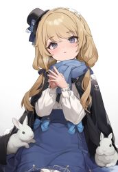 Rule 34 | 1girl, absurdres, blonde hair, blue bow, blue scarf, blue skirt, blush, bow, bowtie, copyright name, cotonoha, frilled sleeves, frills, hair ornament, hat, highres, jacket, jacket on shoulders, kurige horse, long hair, looking at viewer, low twintails, mini hat, mini top hat, open clothes, open jacket, rabbit, scarf, sidelocks, simple background, skirt, top hat, twintails, vee (vtuber), virtual youtuber