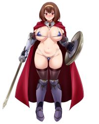 Rule 34 | 1girl, areola slip, armor, bikini, bikini armor, blue bikini, blush, breasts, brown hair, brown thighhighs, cape, cloak, female pubic hair, full body, gauntlets, greaves, hairband, highres, holding, holding shield, holding sword, holding weapon, large breasts, micro bikini, namidame, navel, nose blush, original, pubic hair, pubic hair peek, red cape, red eyes, shield, short hair, solo, standing, swimsuit, sword, thighhighs, transparent background, weapon, yellow hairband