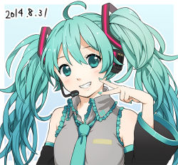 Rule 34 | 1girl, bad id, bad pixiv id, blush, dated, detached sleeves, green eyes, green hair, hako (salaki), hatsune miku, long hair, looking at viewer, matching hair/eyes, necktie, smile, solo, twintails, vocaloid