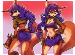 Rule 34 | 1girl, absurdres, animal nose, ass, bandeau, belt, blue choker, blue hair, blue skirt, body fur, boots, border, braid, braided ponytail, breasts, brown eyes, brown footwear, brown jacket, carmelita fox, choker, cleavage, clenched teeth, collared jacket, cropped jacket, earrings, energy gun, female focus, from behind, furry, furry female, gradient background, gun, hair tie, hand on own hip, highres, holding, holding gun, holding weapon, jacket, jewelry, knee boots, long hair, looking at viewer, looking back, looking to the side, medium breasts, midriff, miniskirt, mole, mole under eye, multicolored hair, multiple views, navel, open mouth, orange fur, outline, outside border, pencil skirt, police, police uniform, policewoman, purple background, purple hair, ray gun, red background, red lips, shiny clothes, short sleeves, side slit, sidelocks, sideways mouth, simple background, single braid, single earring, skirt, sleeves rolled up, sly cooper (series), snout, star (symbol), stomach, teeth, toasty scones, two-tone background, two-tone fur, two-tone hair, uniform, v-shaped eyebrows, very long hair, weapon, white border, white outline, yellow fur, zipper, zipper pull tab