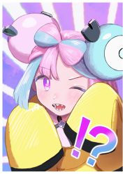 Rule 34 | !?, 1girl, ;d, blush, border, character hair ornament, commentary request, creatures (company), game freak, green hair, hair ornament, hands up, highres, iono (pokemon), jacket, long hair, looking at viewer, multicolored hair, nintendo, one eye closed, open mouth, pink hair, pokemon, pokemon sv, purple eyes, sharp teeth, sleeves past fingers, sleeves past wrists, smile, solo, star-shaped pupils, star (symbol), symbol-shaped pupils, teeth, tetora u u, tongue, two-tone hair, white border, yellow jacket