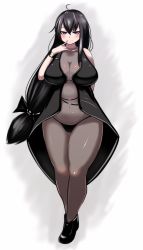 Rule 34 | 1girl, ahoge, belly, black hair, blush, breasts, cleavage, female focus, hair ribbon, large breasts, long hair, navel, oozon (ozon), original, plump, ponytail, purple eyes, ribbon, solo, thick thighs, thighs, underwear, wide hips