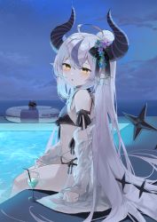 Rule 34 | 1girl, absurdres, ahoge, bikini, black bikini, blush, breasts, crow (la+ darknesss), cup, demon horns, drinking glass, drinking straw, feet out of frame, flower, from side, grey hair, hair flower, hair ornament, hand on own thigh, highres, hololive, horns, innertube, kabedoru, la+ darknesss, long hair, long sleeves, looking at viewer, looking to the side, multicolored hair, off shoulder, open clothes, open shirt, parted lips, pointy ears, ponytail, poolside, purple flower, purple hair, sitting, small breasts, soaking feet, solo, streaked hair, swim ring, swimsuit, tail, thighs, very long hair, virtual youtuber, yellow eyes