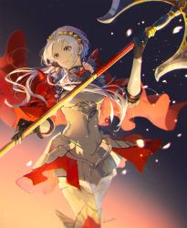 Rule 34 | 1girl, alternate hairstyle, armor, axe, breastplate, breasts, cape, edelgard von hresvelg, fire emblem, fire emblem: three houses, fire emblem warriors, fire emblem warriors: three hopes, gloves, hair ornament, hair ribbon, highres, long hair, looking at viewer, nintendo, official alternate costume, official alternate hairstyle, purple eyes, red cape, ribbon, shiroi (shiroicbe), simple background, skirt, solo, weapon, white hair