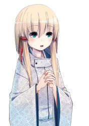 Rule 34 | 1girl, alternate costume, blonde hair, floral print, green eyes, hair between eyes, highres, japanese clothes, mankun, moriya suwako, no headwear, open mouth, own hands clasped, own hands together, robe, short hair with long locks, sidelocks, simple background, solo, touhou, unmoving pattern, upper body, white background, white robe, wide sleeves
