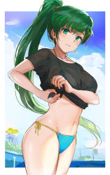 Rule 34 | 1girl, absurdres, bikini, blue sky, blush, breasts, cloud, cloudy sky, collarbone, commentary request, earrings, fire emblem, fire emblem: the blazing blade, green eyes, green hair, halterneck, highres, jewelry, lips, long hair, looking at viewer, lyn (fire emblem), medium breasts, navel, nintendo, no pants, ormille, ponytail, see-through, shiny skin, shirt, side-tie bikini bottom, sky, solo, sparkle, stomach, string bikini, sweat, swimsuit, thighs, water, water drop, wet, wet clothes, wet shirt