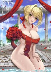 Rule 34 | 1girl, ahoge, bare shoulders, bathing, blonde hair, blush, braid, breasts, cleavage, collarbone, fate/extra, fate (series), french braid, green eyes, hair bun, hair intakes, hair ribbon, highres, large breasts, long hair, looking at viewer, nero claudius (bath robe) (fate), nero claudius (fate), nero claudius (fate) (all), open mouth, red ribbon, ribbon, ryuuneart, smile, thighs, wet