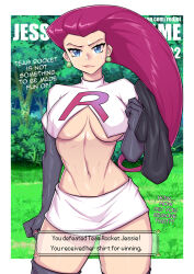 Rule 34 | 1girl, blue eyes, breasts, creatures (company), detached sleeves, earrings, english text, forest, game freak, holding, holding clothes, jessie (pokemon), jewelry, large breasts, long boots, long hair, miniskirt, nature, navel, nintendo, pokemon, pokemon (anime), pokemon (classic anime), ponytail, purple hair, redjet, skirt, solo, strip game, sweatdrop, team rocket, team rocket uniform, underboob