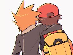 Rule 34 | 2boys, arm around shoulder, backpack, bag, baseball cap, black jacket, blue oak, brown hair, chueog, collared jacket, creatures (company), game freak, hat, jacket, long sleeves, male focus, multicolored shirt, multiple boys, nintendo, orange hair, pokemon, pokemon hgss, red (pokemon), red hat, shirt, short hair, simple background, upper body, white background, yellow bag