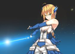 Rule 34 | 1girl, adapted costume, ahoge, alternate costume, alternate hairstyle, armor, armored dress, artoria pendragon (all), artoria pendragon (fate), bad id, bad pixiv id, bare shoulders, blonde hair, braid, breastplate, detached sleeves, dress, excalibur (fate/stay night), fate/stay night, fate (series), faulds, glowing, glowing sword, glowing weapon, gmaou, green eyes, hair ornament, long hair, saber (fate), sidelocks, single braid, solo, sword, weapon