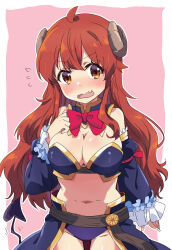 Rule 34 | 1girl, ahoge, arm at side, bare shoulders, blush, bow, breasts, brown eyes, brown hair, cleavage, commentary request, cowboy shot, crisis management form (machimazo), curled horns, curvy, demon girl, demon horns, demon tail, detached collar, detached sleeves, embarrassed, expressive tail, fang, flying sweatdrops, frilled sleeves, frills, hair between eyes, hand up, hashtag-only commentary, highres, horns, large breasts, long hair, long sleeves, looking at viewer, machikado mazoku, mukaibi aoi, navel, nose blush, open mouth, red bow, skin fang, solo, stomach, tail, thigh gap, v-shaped eyebrows, very long hair, wavy hair, wavy mouth, wide sleeves, yoshida yuuko (machikado mazoku)