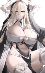 Rule 34 | 1girl, absurdres, arturaxia, azur lane, bare shoulders, black gloves, blonde hair, breasts, cross, fake horns, gloves, habit, hair between eyes, halo, halterneck, hand up, highres, horns, huge breasts, implacable (azur lane), large breasts, long bangs, looking at viewer, nun, one eye covered, orange eyes, pelvic curtain, revealing clothes, stomach, strap, thighhighs, veil, white thighhighs, wide sleeves